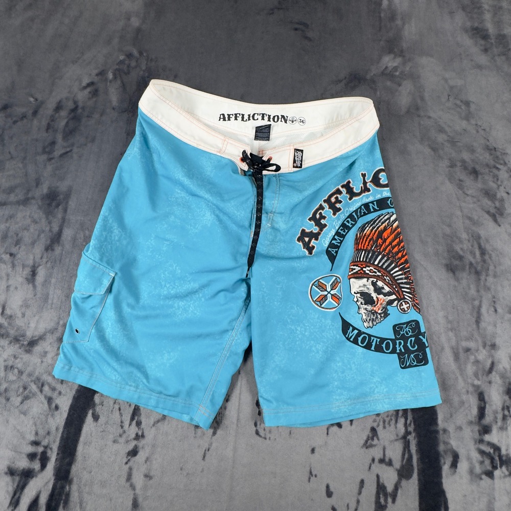 Affliction Board Shorts Mens 36 Blue American Customs Skull Graphic 101BS087